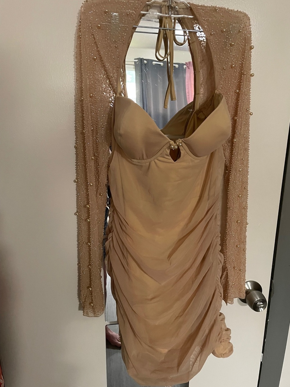 NWT Oh Polly ruched, bra top gold dress, lined, Mesh, Beads/Pearls LS size 10
